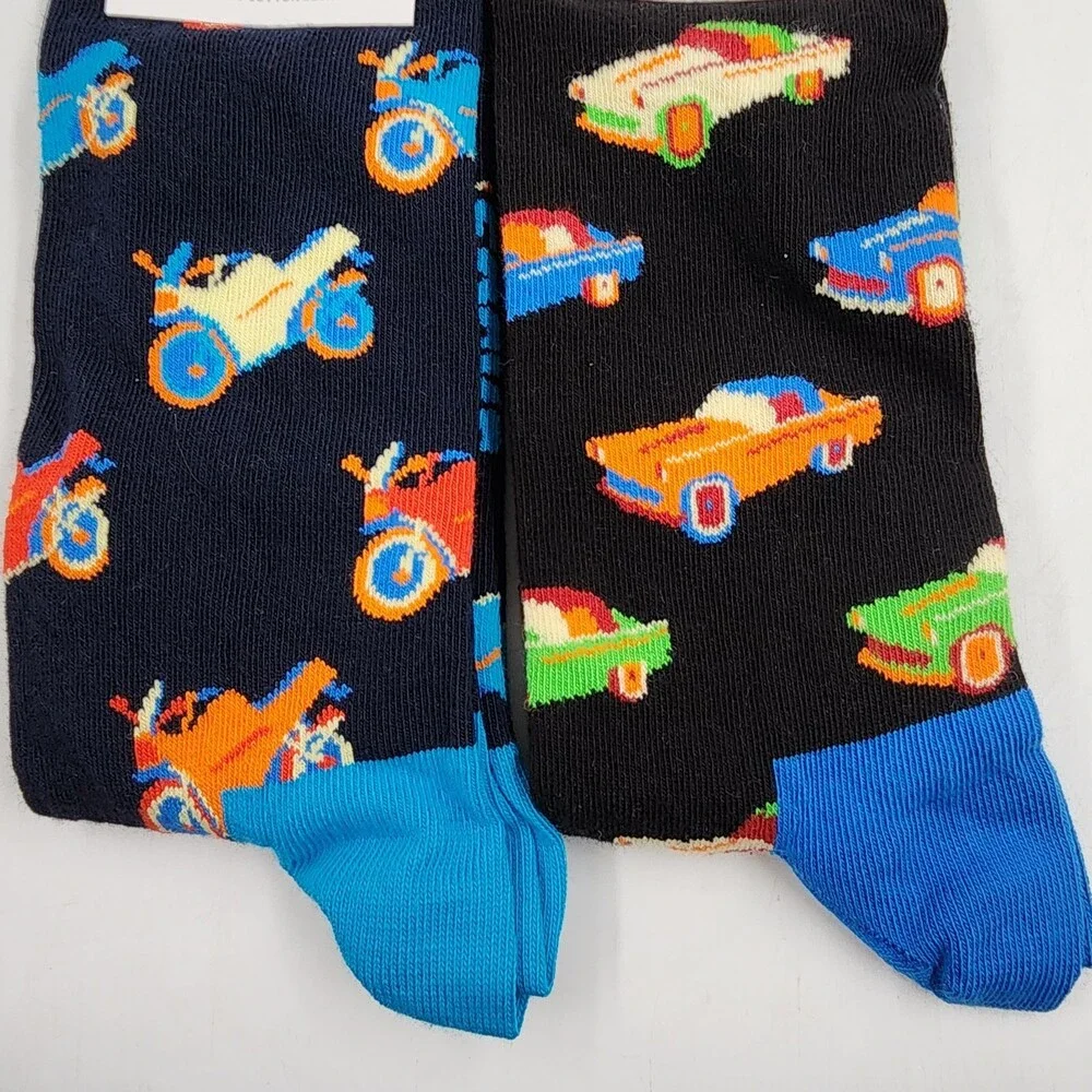 Happy Socks Motorbike/Cars Crew Sock Unisex M 8-12/W 10-12.5 Black Multi -2pairs - Picture 2 of 11